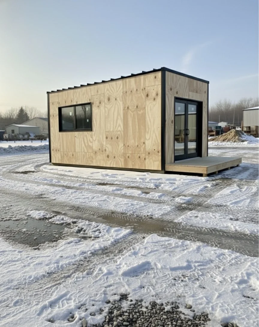 A small modern tiny house with wood siding and black trim, featuring a black door with glass panels and a small front porch, situated on snowy ground.