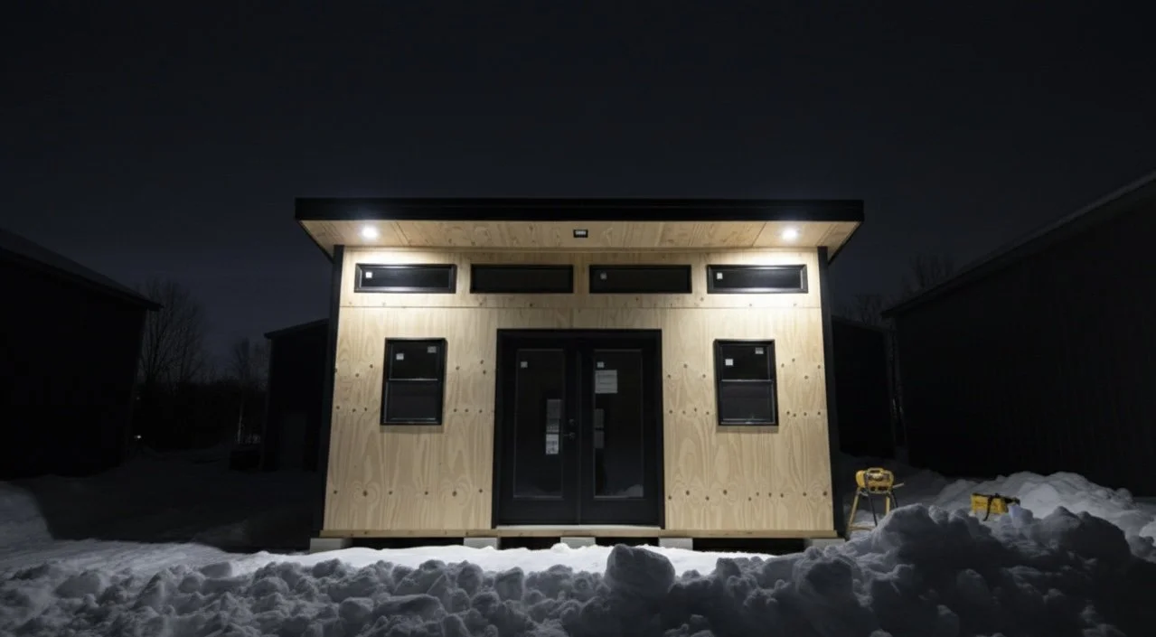 Nighttime view of a small, modern wooden house with black window frames and double glass doors, surrounded by snow, with outdoor lights on and tools on the snow near the house.