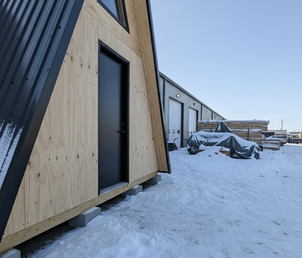 Exterior of a building with wooden and metal siding on a snowy day, with a black door, a covered vehicle, and construction materials nearby.