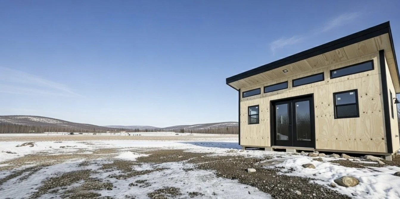 A modern tiny house with black trim and large windows is situated on a snow-covered landscape with hills in the distance under a blue sky.