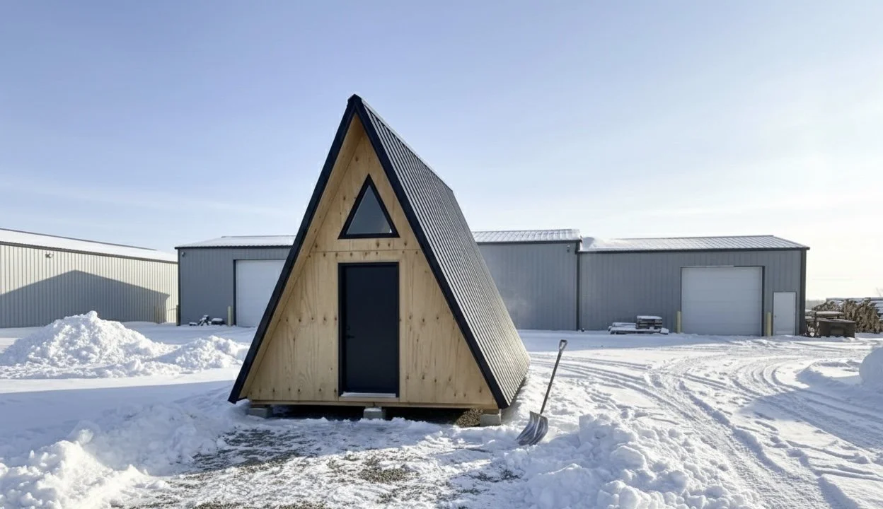 Small wooden A-frame shelter with black trim on snow-covered ground, shovel leaning against it, in front of industrial buildings.