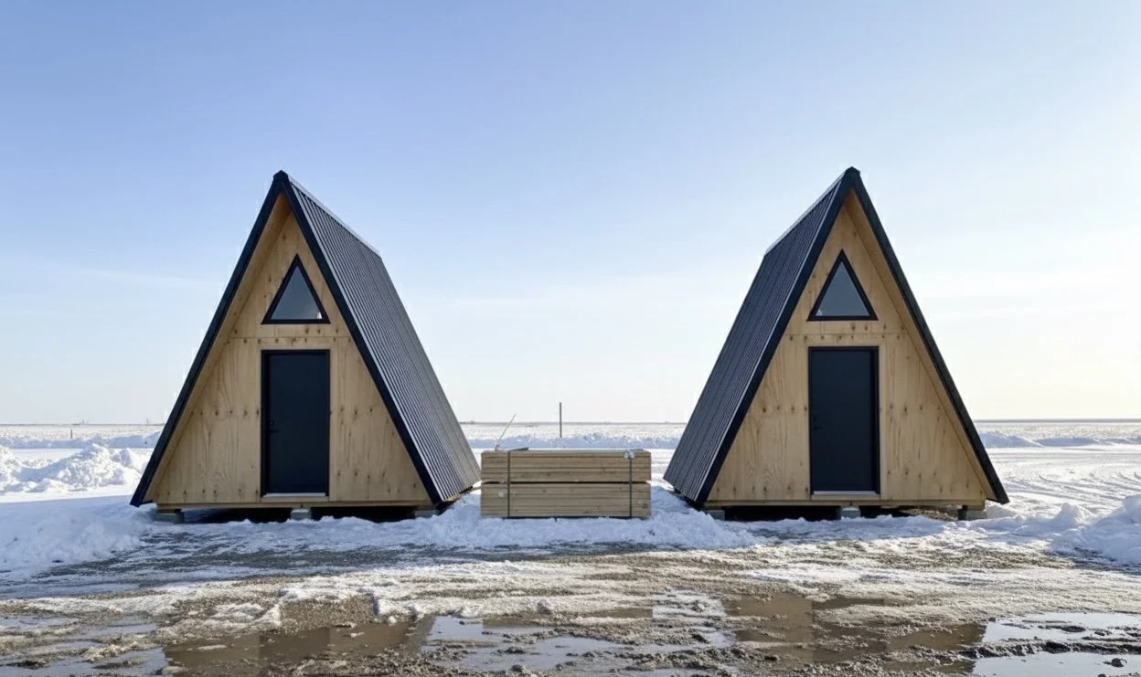 Two A-frame cabins with black doors and triangular windows in a snowy landscape, with a wooden bench in between.