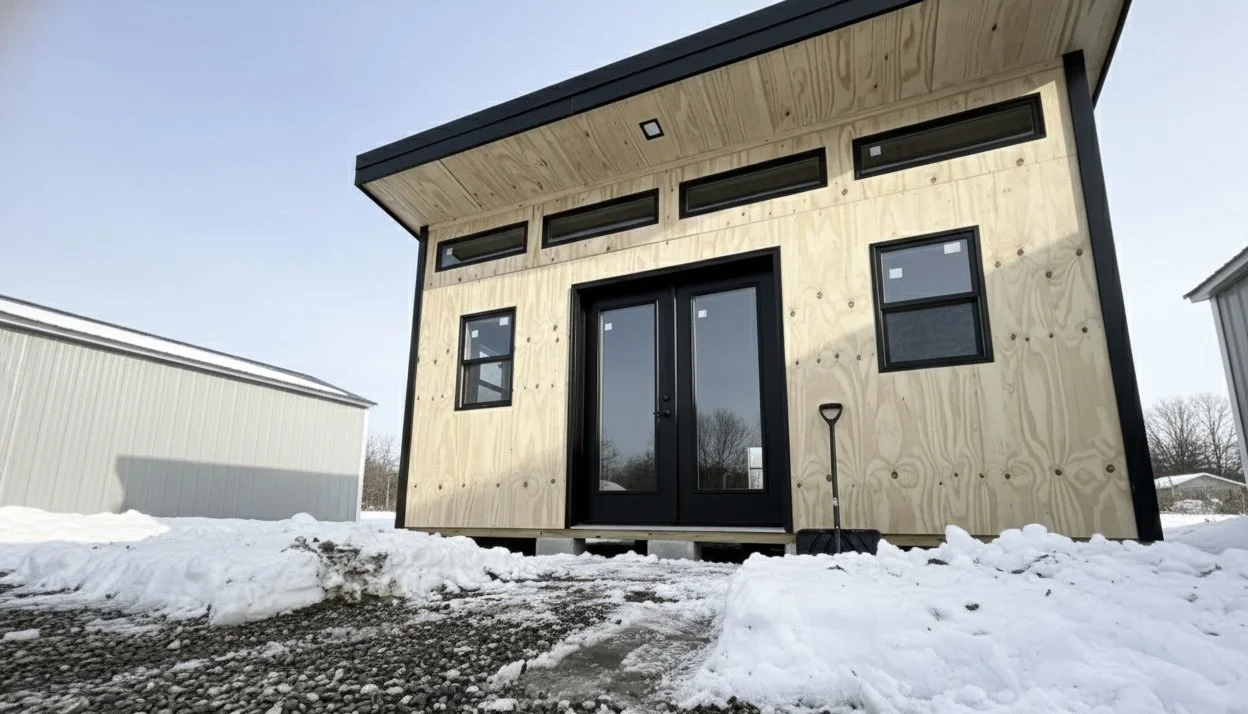 A small modern house under construction with a black door and window frames, wooden exterior, snow on the ground, and a shovel standing outside.