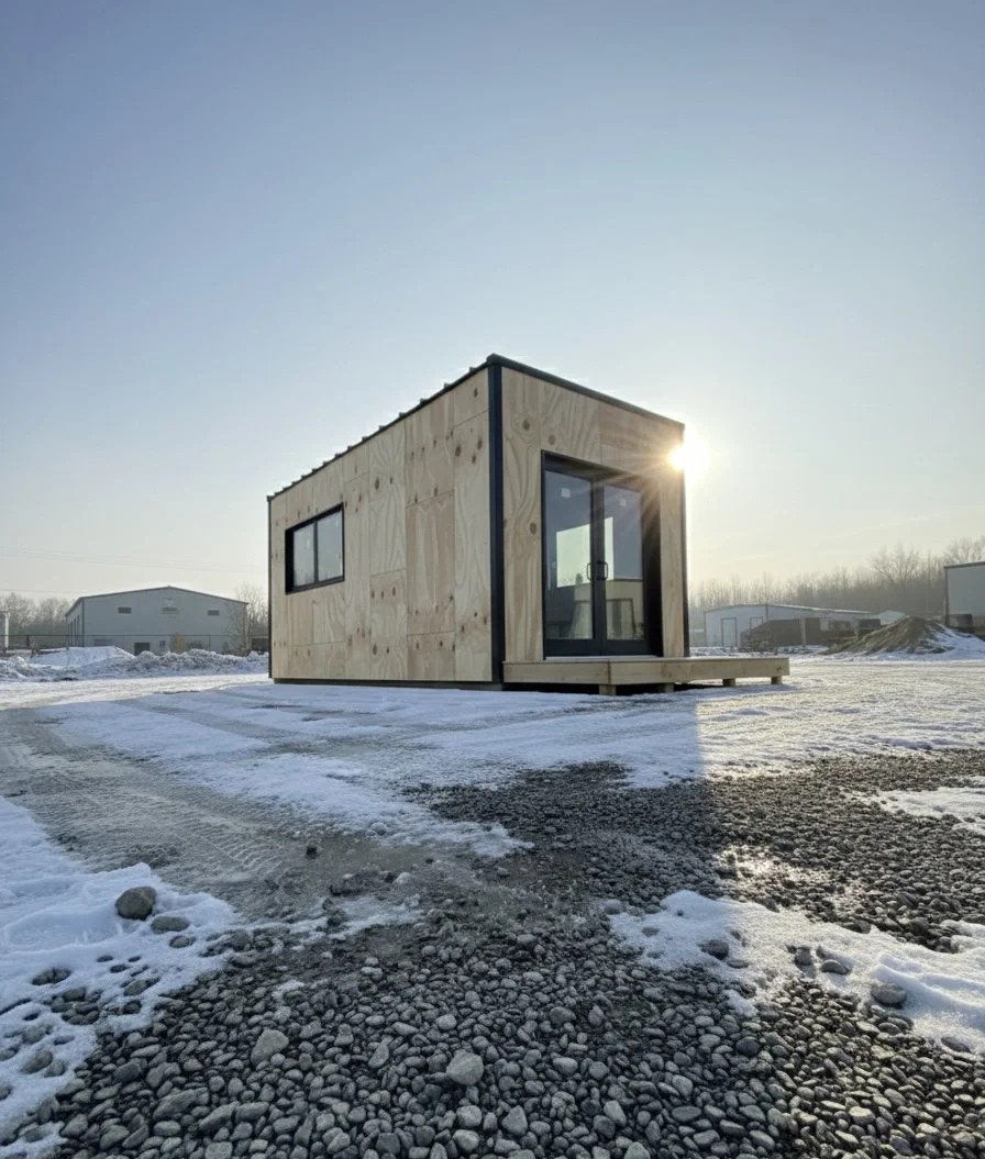 A small modern tiny house with wood siding and large windows on a snowy lot during daytime, with the sun shining near the roof.