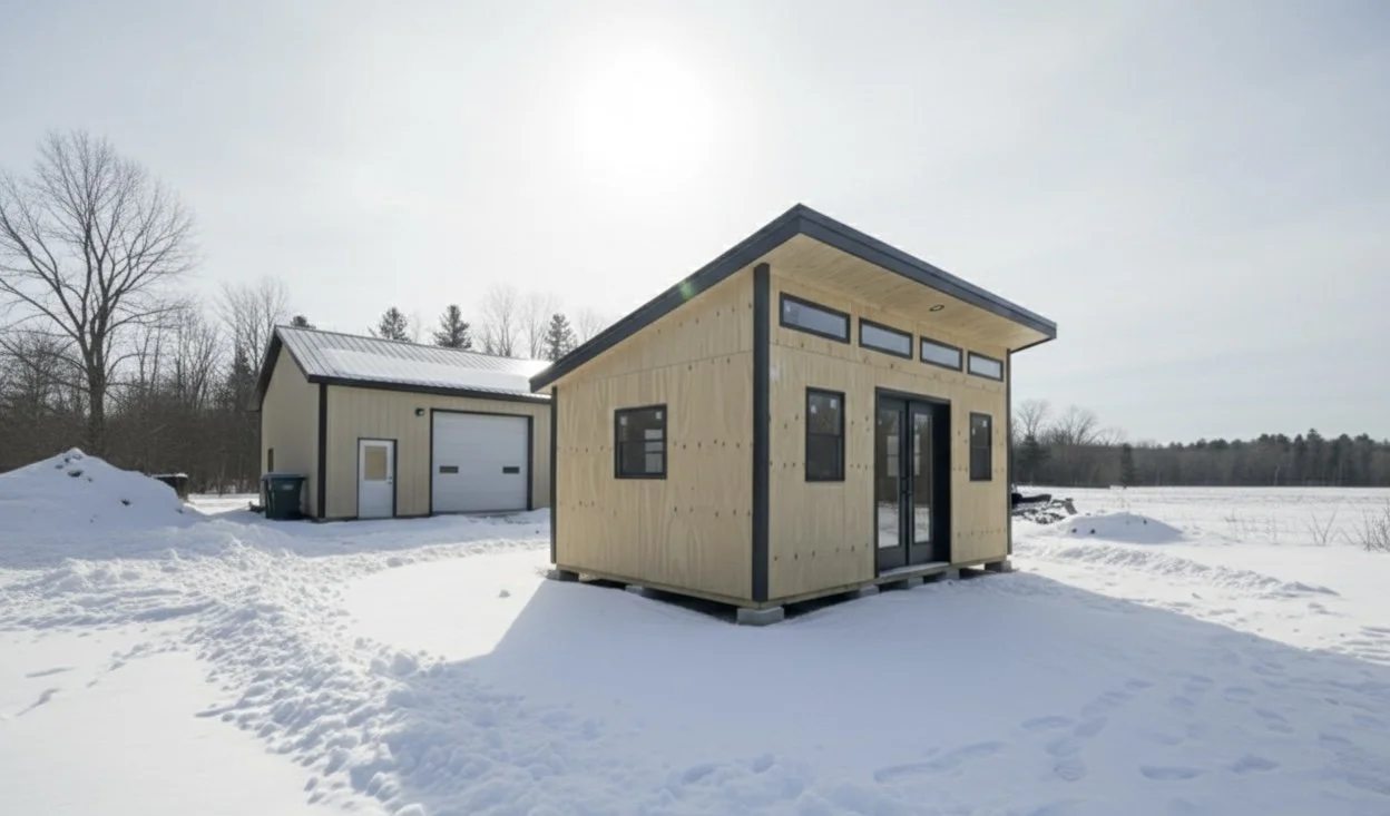 A tiny modern house with a flat roof and multiple windows, set on snow-covered ground with a larger garage building in the background, in a rural winter landscape.