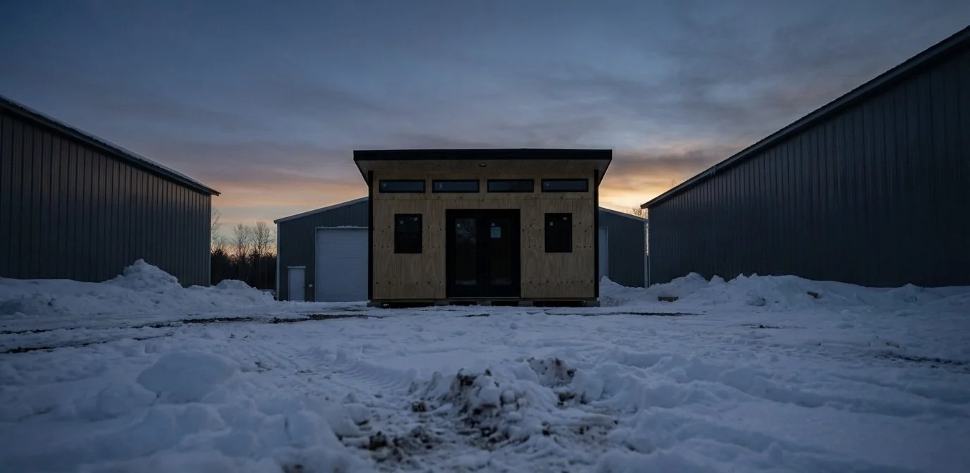Small modern building with a wooden facade in a snowy landscape, flanked by two large warehouse-like structures under a dusk sky.