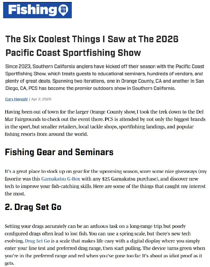 Screenshot of an article titled 'The Six Coolest Things I Saw at The 2026 Pacific Coast Sportfishing Show' from Fish On Si, discussing fishing gear, seminars, and highlights from the event held at Del Mar Fairgrounds.