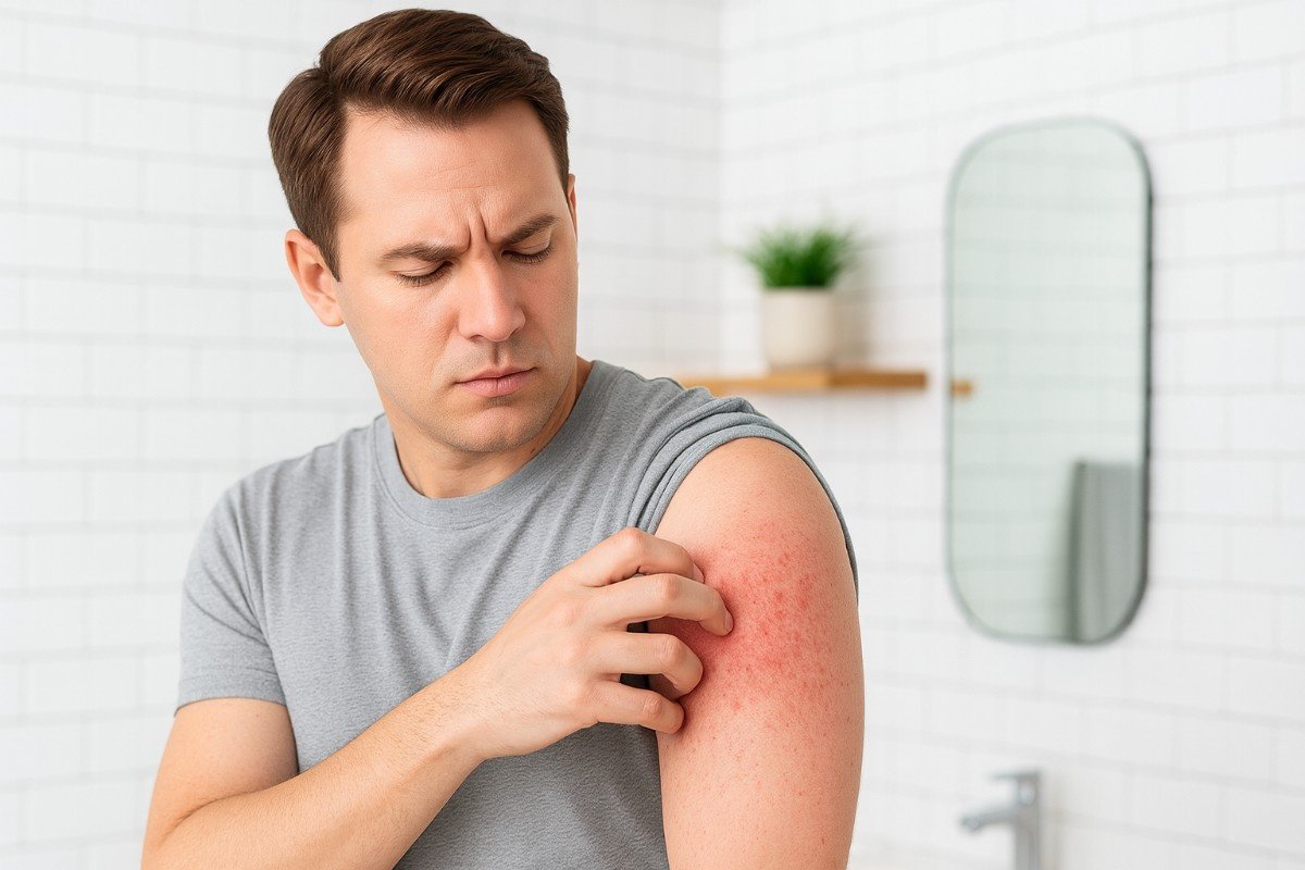 A distressed male in his early thirties, looking down while aggressively scratching a large, red, and visibly inflamed rash on his upper arm, symbolizing the intense discomfort of chronic eczema, psoriasis, or severe skin irritation.