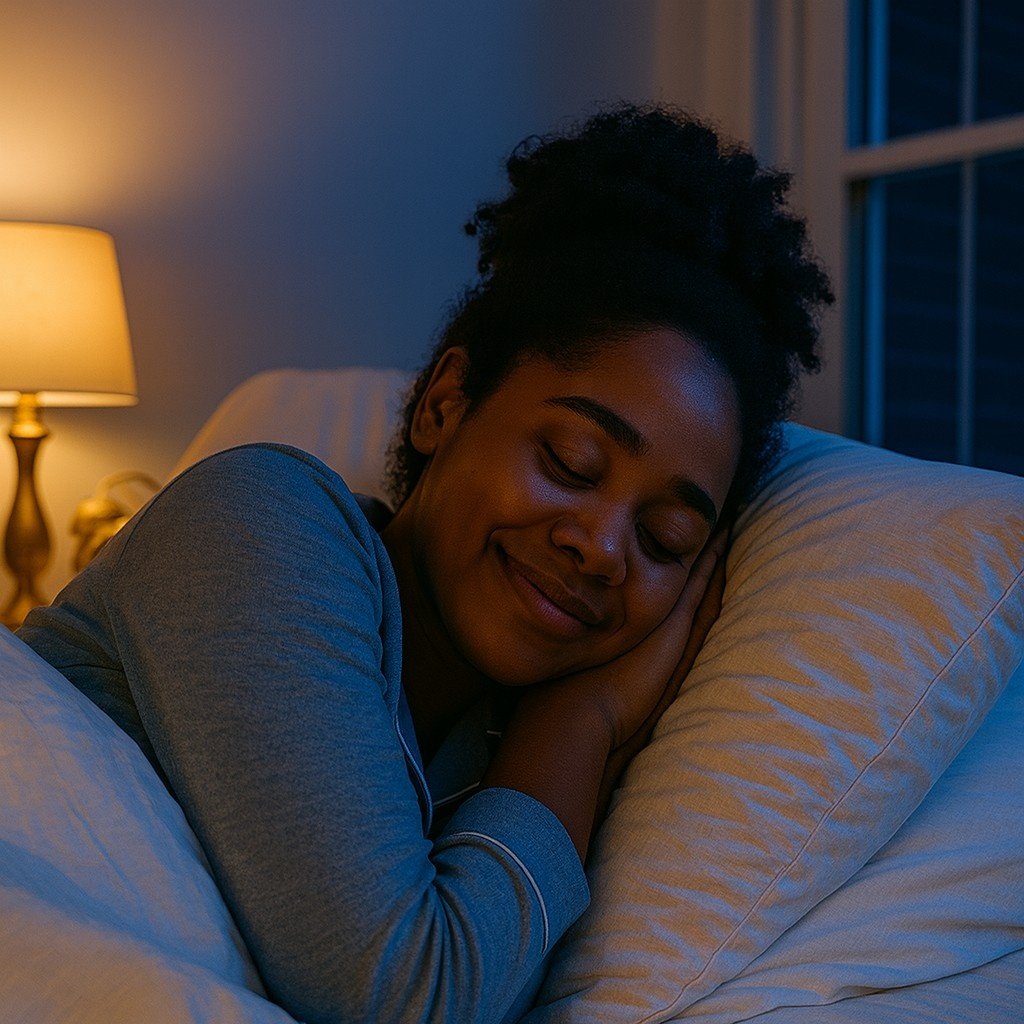 A young woman sleeps peacefully with a gentle smile, illustrating relief and recovery from sleep issues