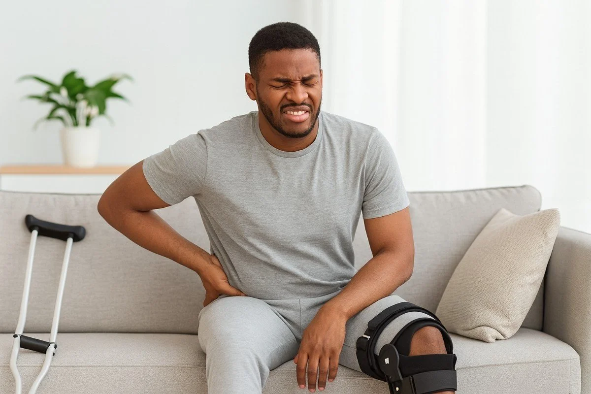 A man sitting uncomfortably on a sofa with a large knee brace, grabbing his lower back in pain. Crutches are visible nearby, symbolizing the physical discomfort and limited mobility during post-operative home recovery.