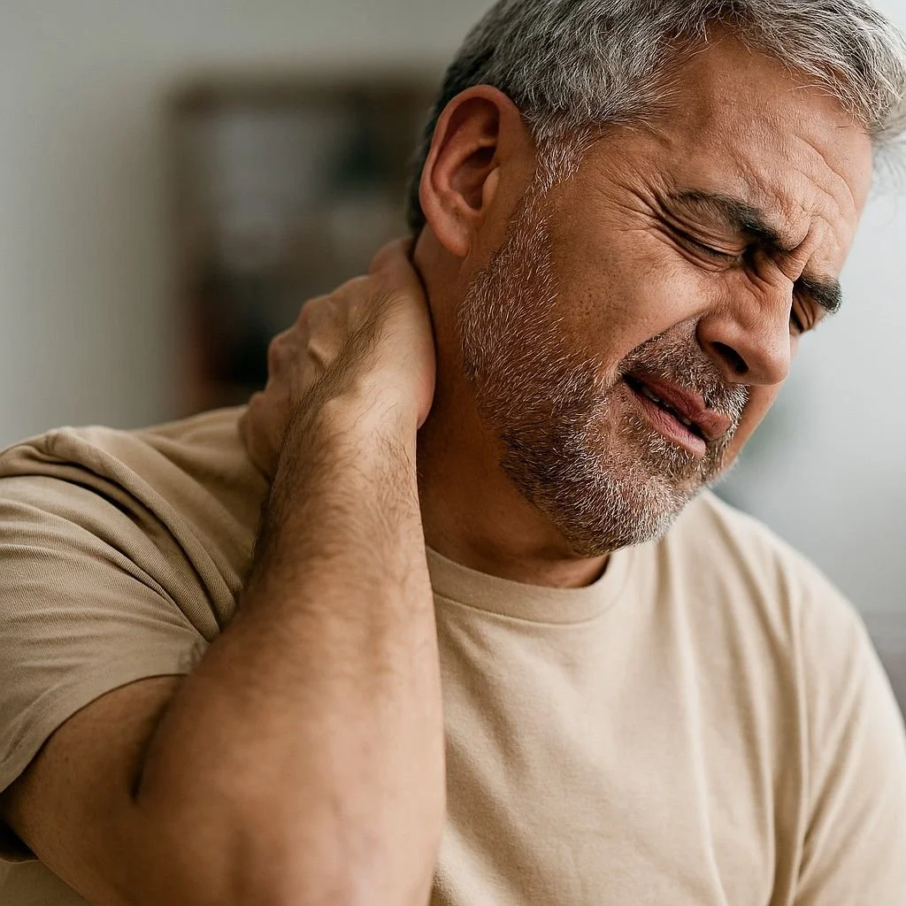 A middle-aged man clutches his neck and grimaces in pain, illustrating severe or chronic neck pain.