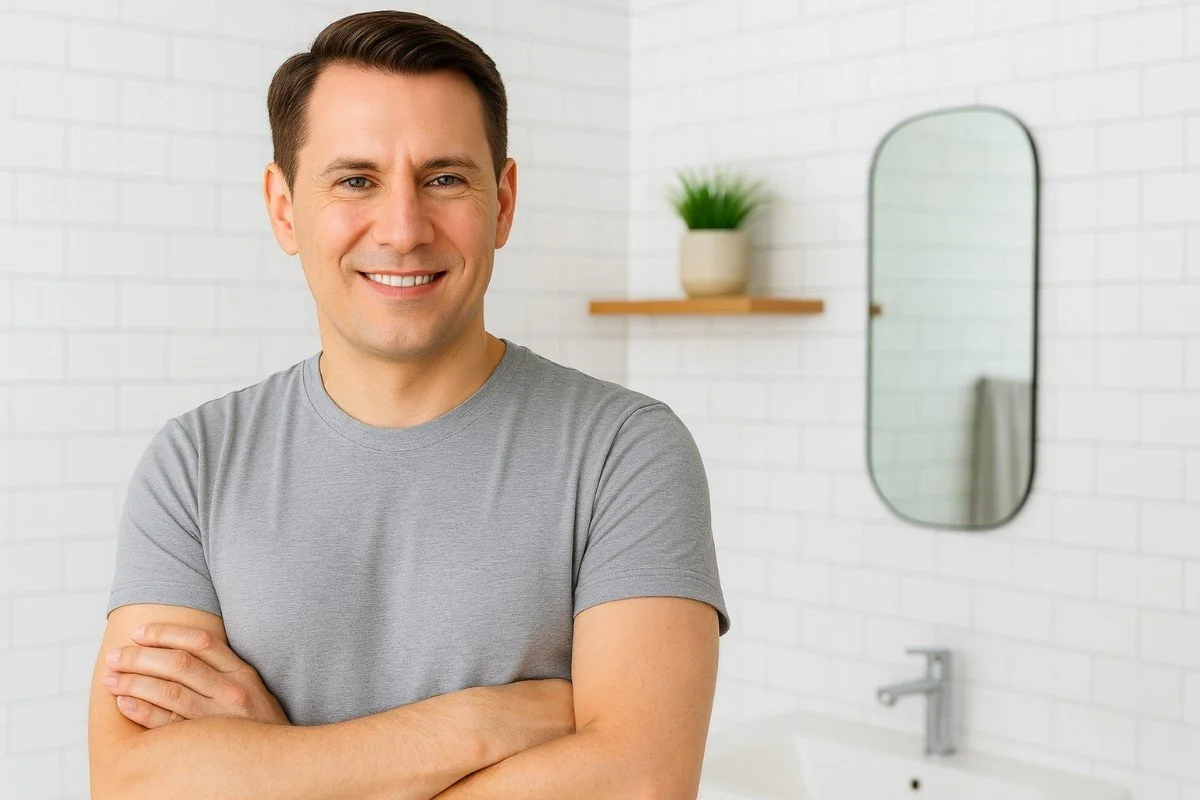 A middle-aged man smiles with relaxed posture, illustrating relief and recovery from chronic skin irritation.