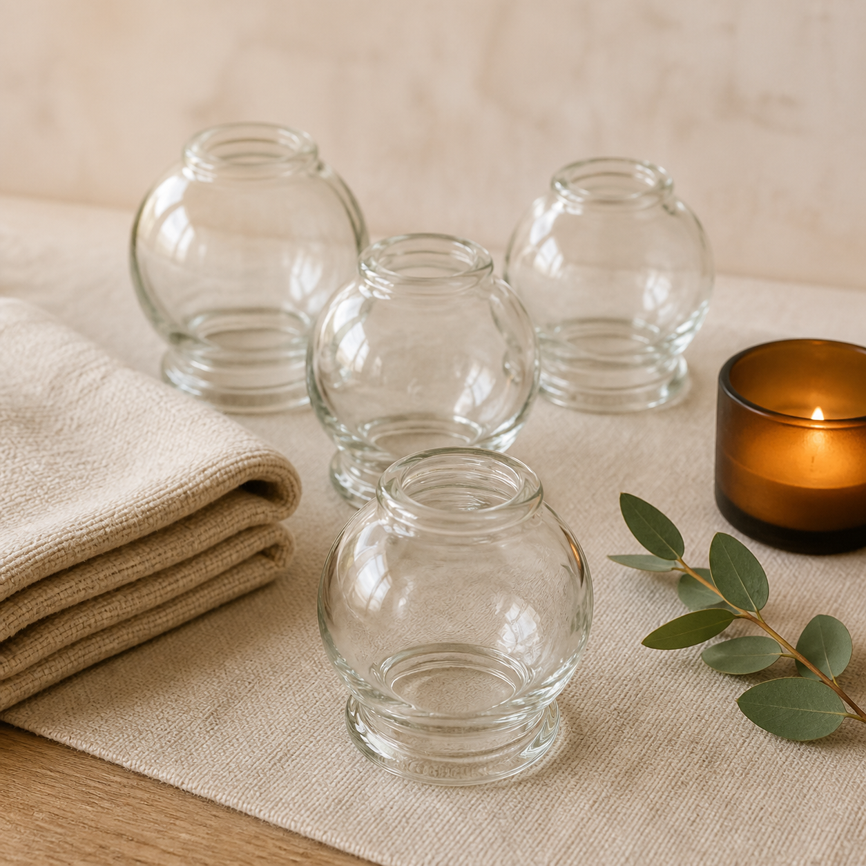 Person holding a lit matchstick over glass cups during an acupuncture or therapy session.
