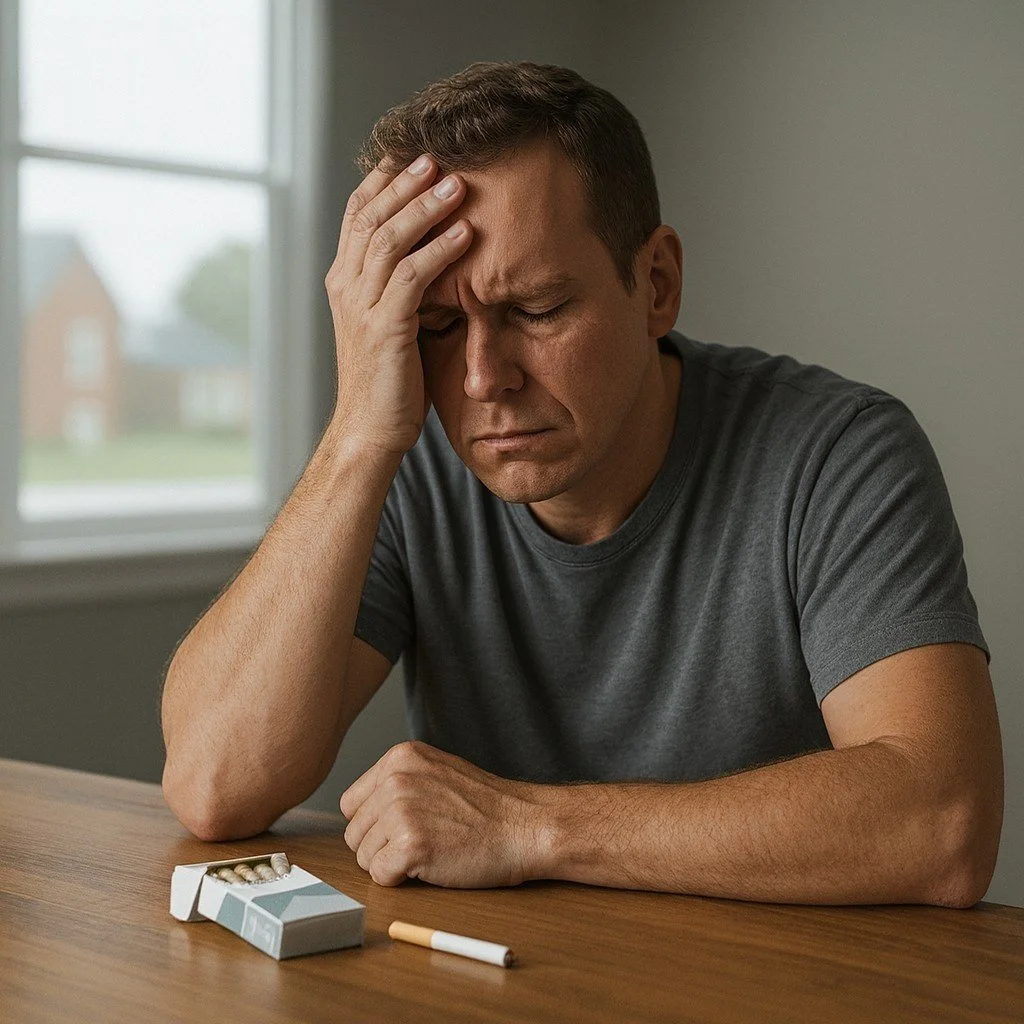 A man in his 50s-60s sits at a table with his head in his hand, displaying intense frustration and despair next to an open pack of cigarettes, symbolizing the internal struggle and difficulty of quitting smoking addiction.