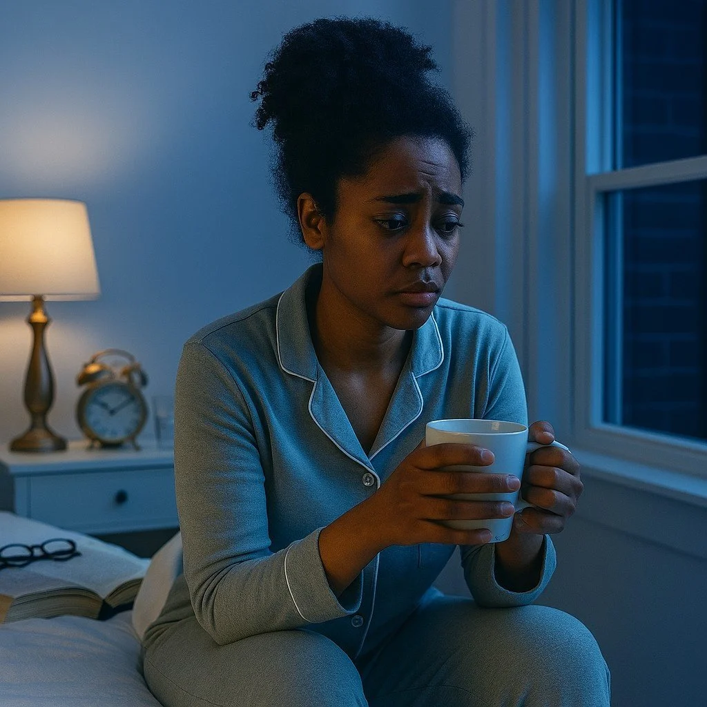 A young woman in light blue pajamas appears distressed and sleepless on the edge of her bed at night. She is holding a mug, reflecting a common struggle with insomnia and anxiety.