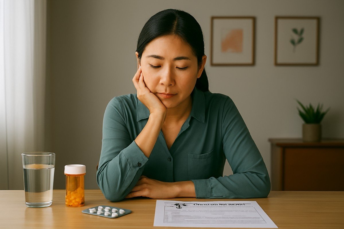 A woman looking down with a weary expression next to a bottle of prescription medication and a medical form. The scene conveys the frustration and search for alternative solutions when conventional medicine fails to resolve chronic symptoms.