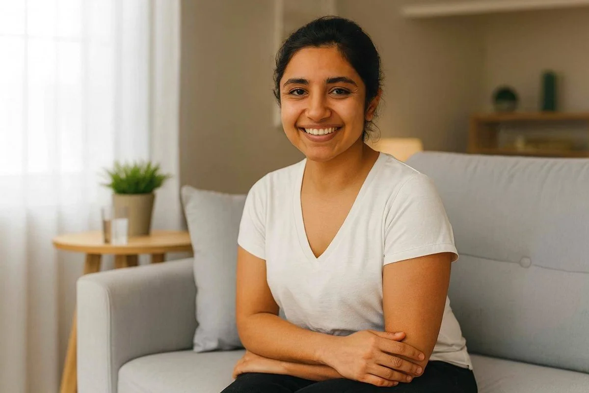 A young woman smiles with relaxed posture, illustrating restored wellness and recovery from frequent illness.
