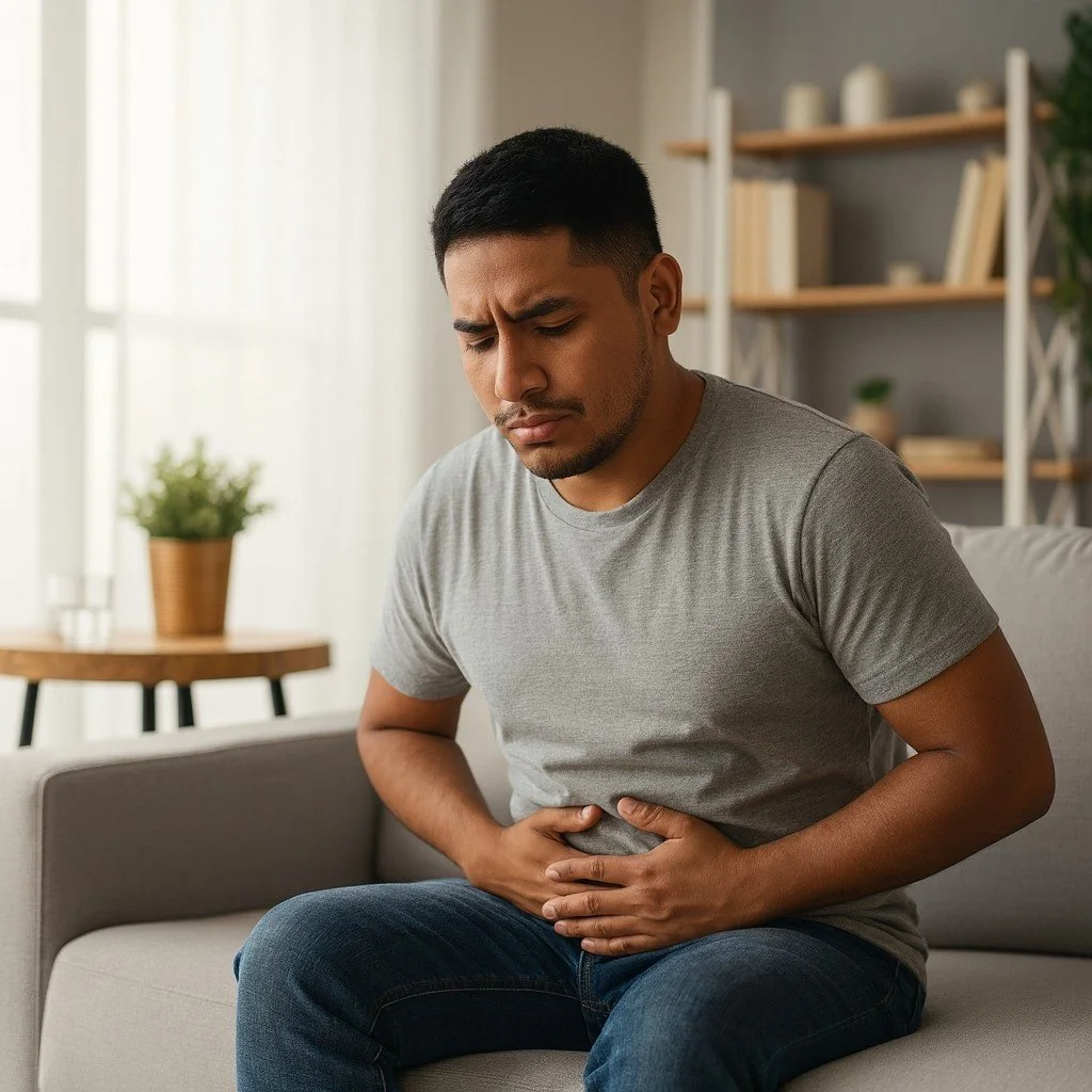 A man sitting on a couch in a living room, holding his hands to his abdomen with a pained expression, symbolizing chronic digestive discomfort, IBS, or abdominal pain.