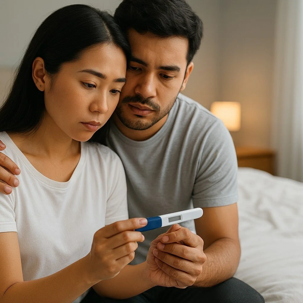 A distressed couple, a woman and a man, sit close together looking sadly at a failed pregnancy test the woman is holding. The image conveys the emotional struggle and disappointment of fertility issues.