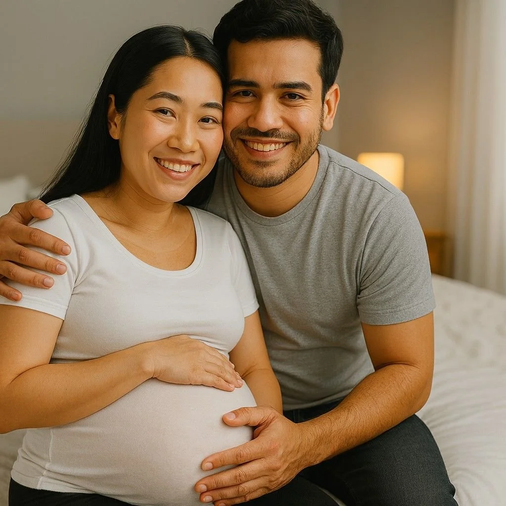 A young couple smiles with relaxed posture on their bed, illustrating relief and recovery from fertility challenges.