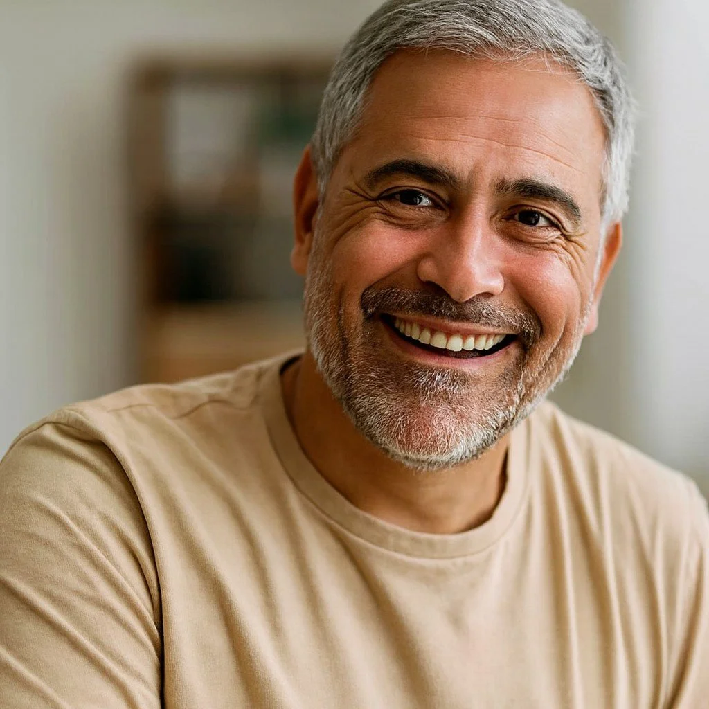 A middle-aged man smiles with relaxed posture, illustrating relief and recovery from chronic neck pain
