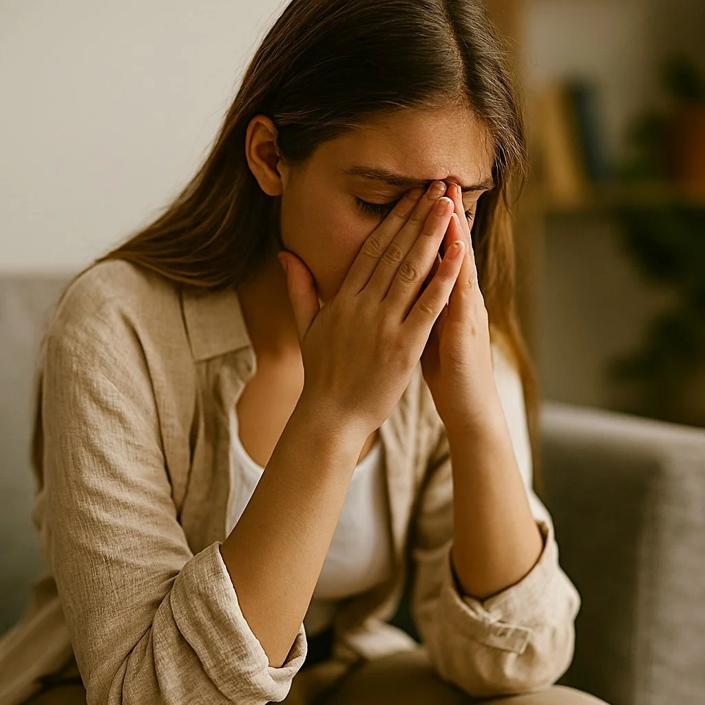 A young woman sits on a couch with her head in her hands, appearing stressed, anxious, or distressed. She is wearing a neutral shirt and is indoors in soft light.