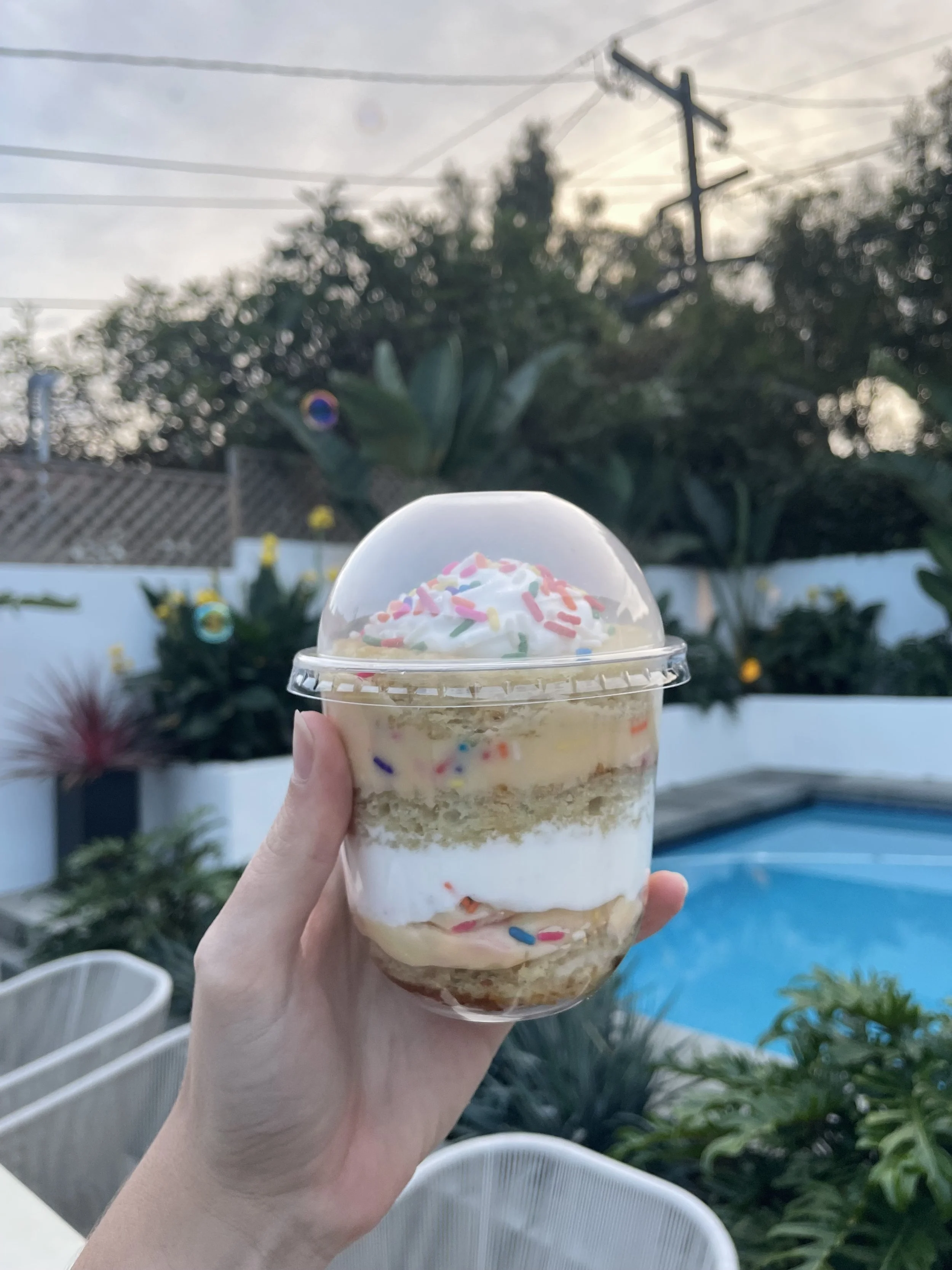 A hand holding a funfetti layer cake jar with a pool and greenery in the background
