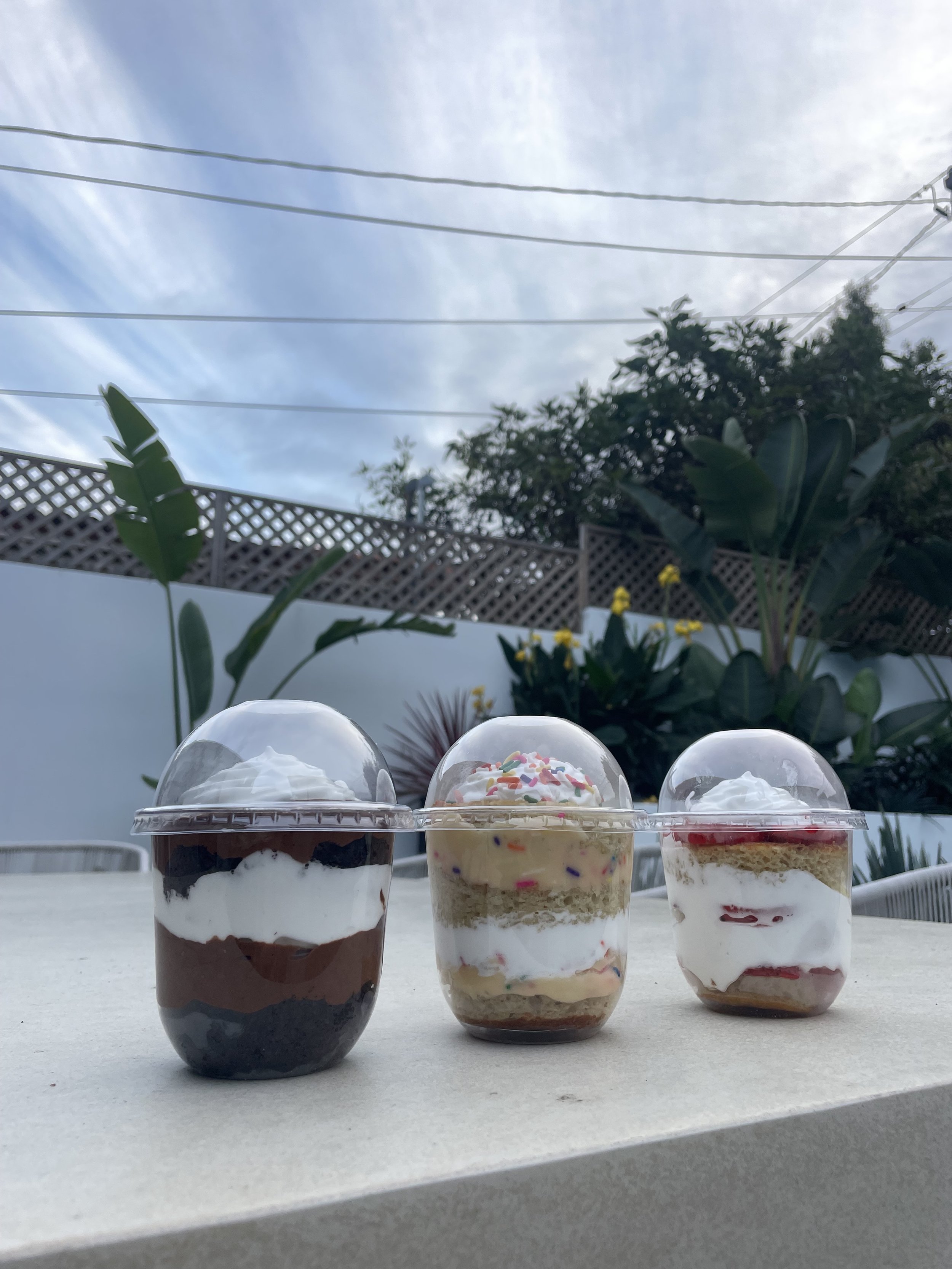 Three layer cake jars: chocolate mousse cake, funfetti, and strawberry shortcake with greenery in the background.