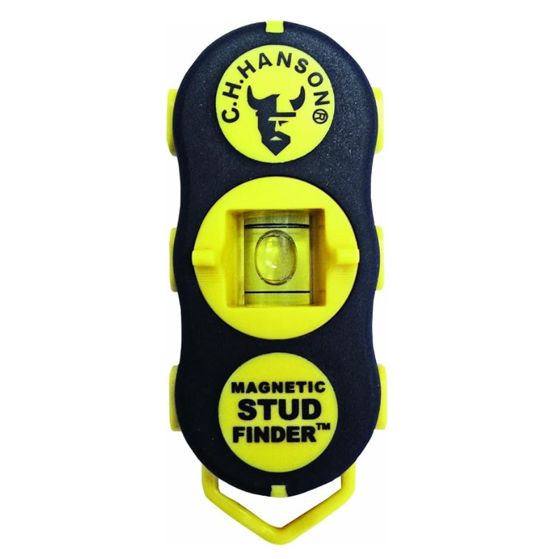 A C.H. Hanson Magnetic Stud Finder with a black and yellow design, a built-in spirit level, and a logo featuring a stylized bull's head.