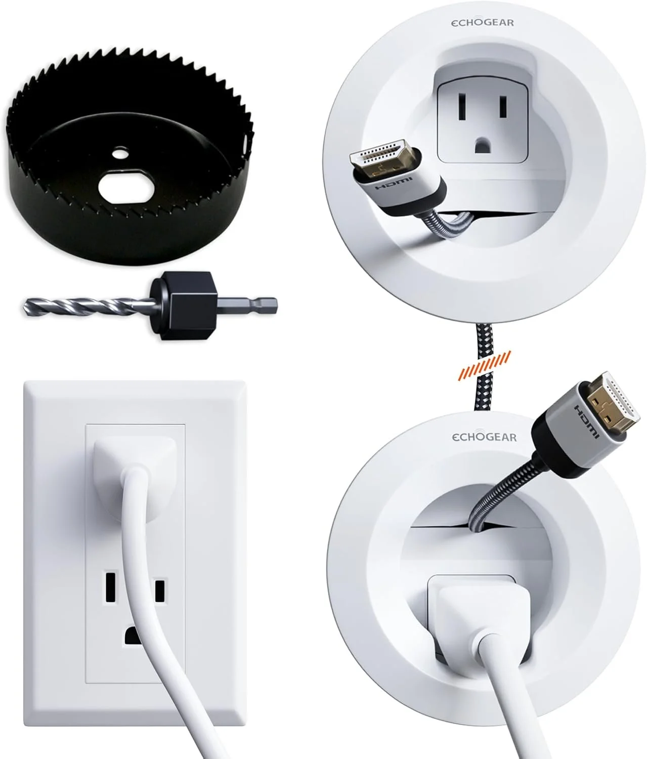 Indoor electrical and power tools, including a circular saw blade, drill bit, electrical outlet, and power adapters.