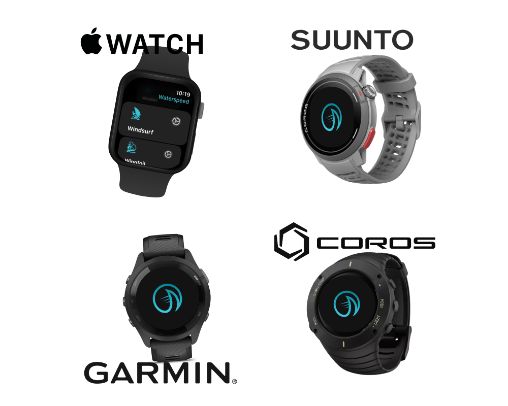 Four GPS watches and a fitness app on a smartwatch screen, logos of COROS and GARMIN, all designed for outdoor sports and fitness tracking.