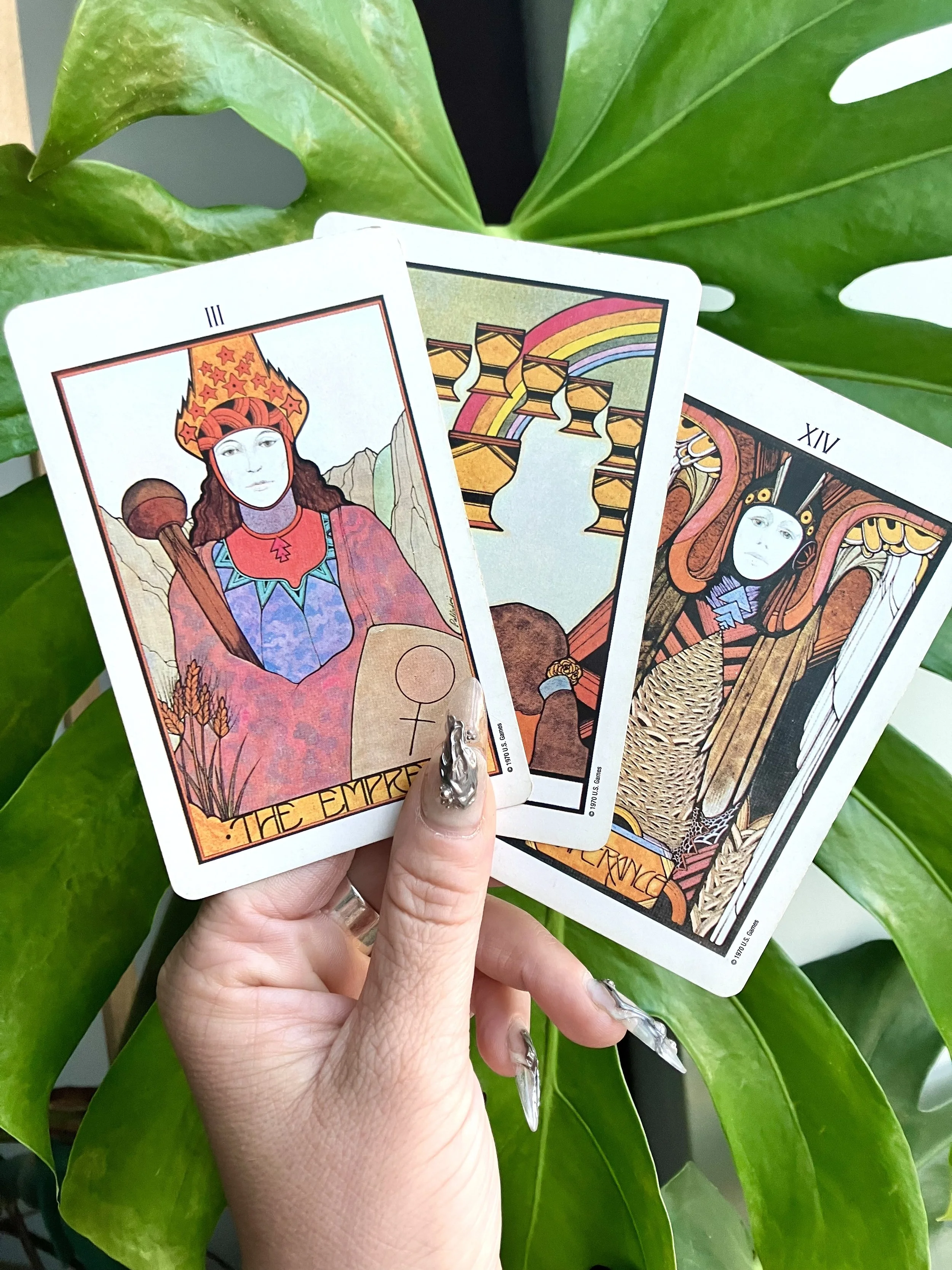 A hand holding three tarot cards in front of large green leaves. The cards display illustrations of a woman with a crown, a rainbow with jars of water, and a woman sitting on a throne, with visible Roman numerals III, XIV, and one with no numeral.