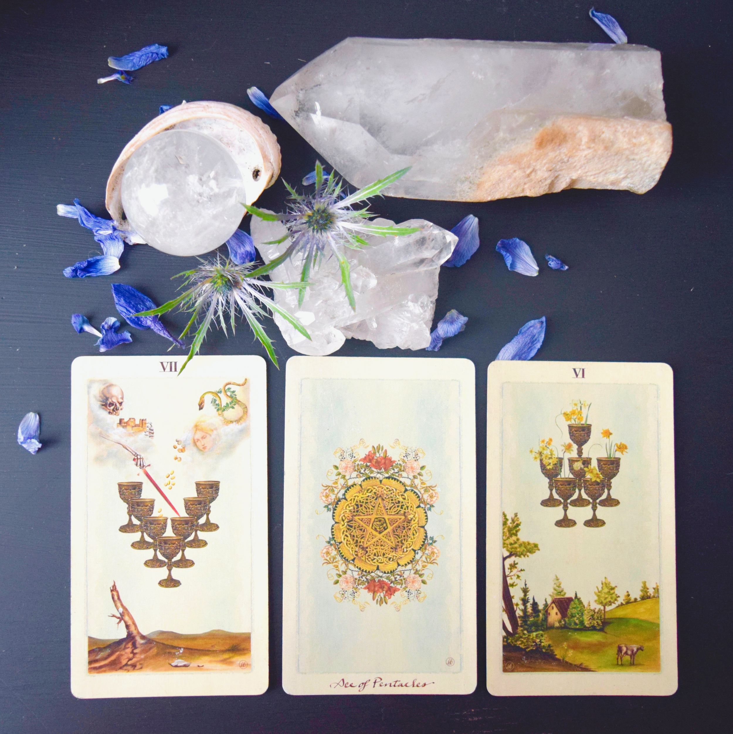 Three tarot cards laid out on a black surface, with crystals, purple flower petals, and a seashell decoration nearby.