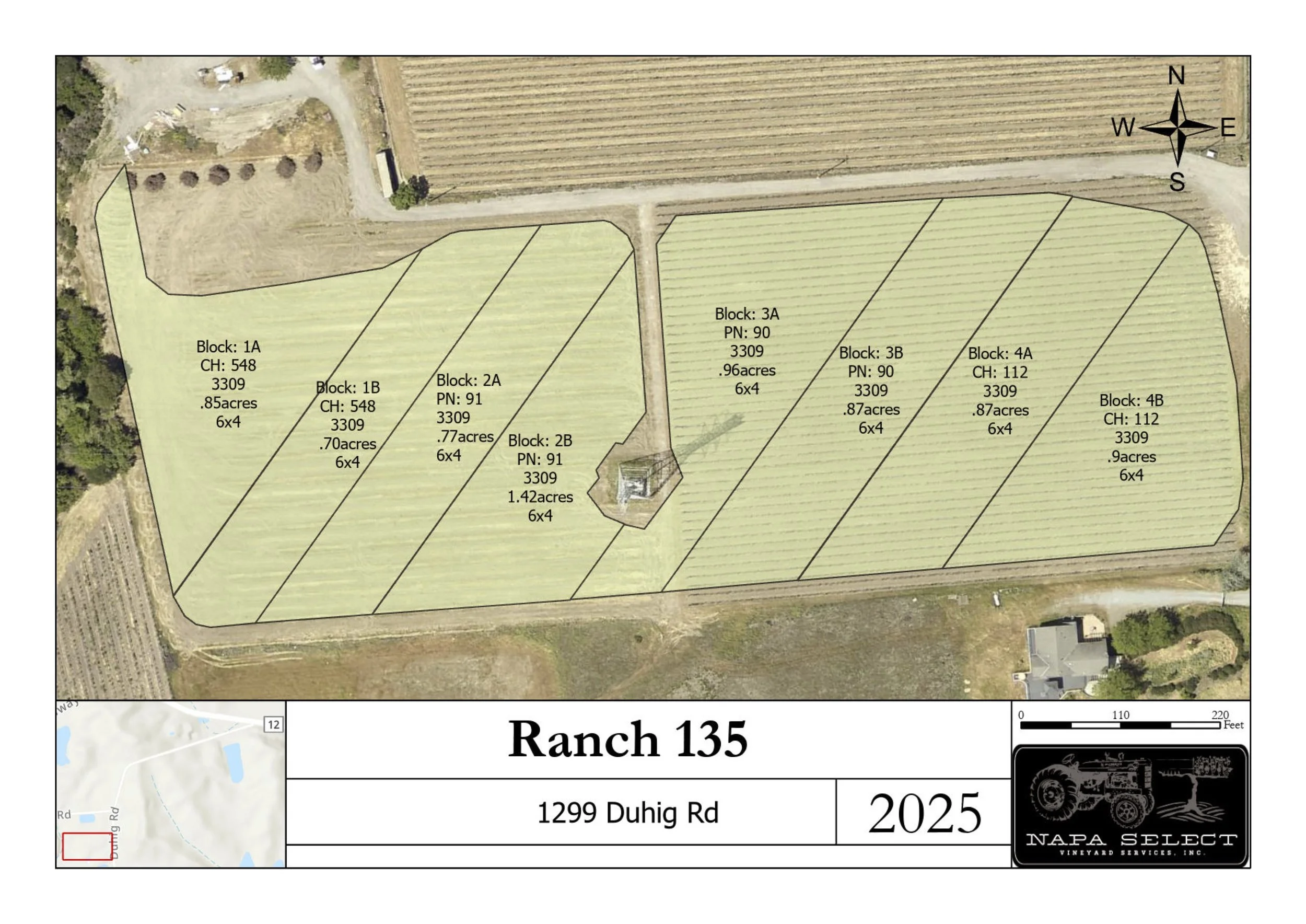 Aerial view of Ranch 135 with labeled subdivisions, roads, and surrounding farmland at 1299 Duhig Road, dated 2025, including a small map inset at the bottom left and a logo at the bottom right.