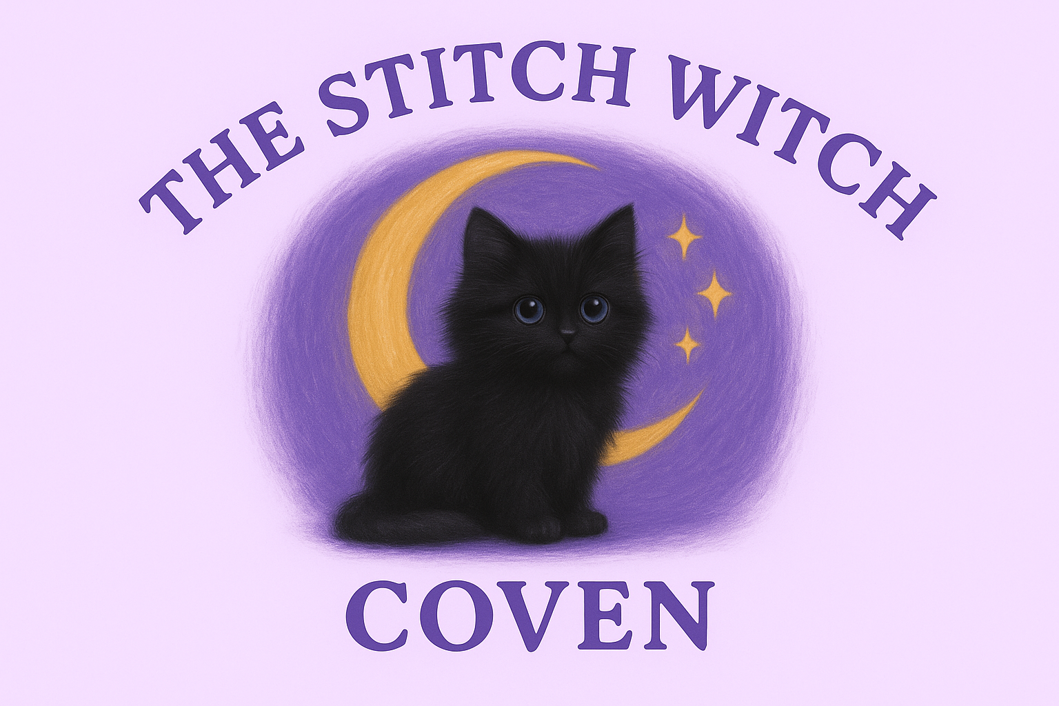 A logo with a black kitten sitting in front of a yellow crescent moon and three small stars on a purple background, with the text 'The Stitch Witch Coven' above and below the kitten.