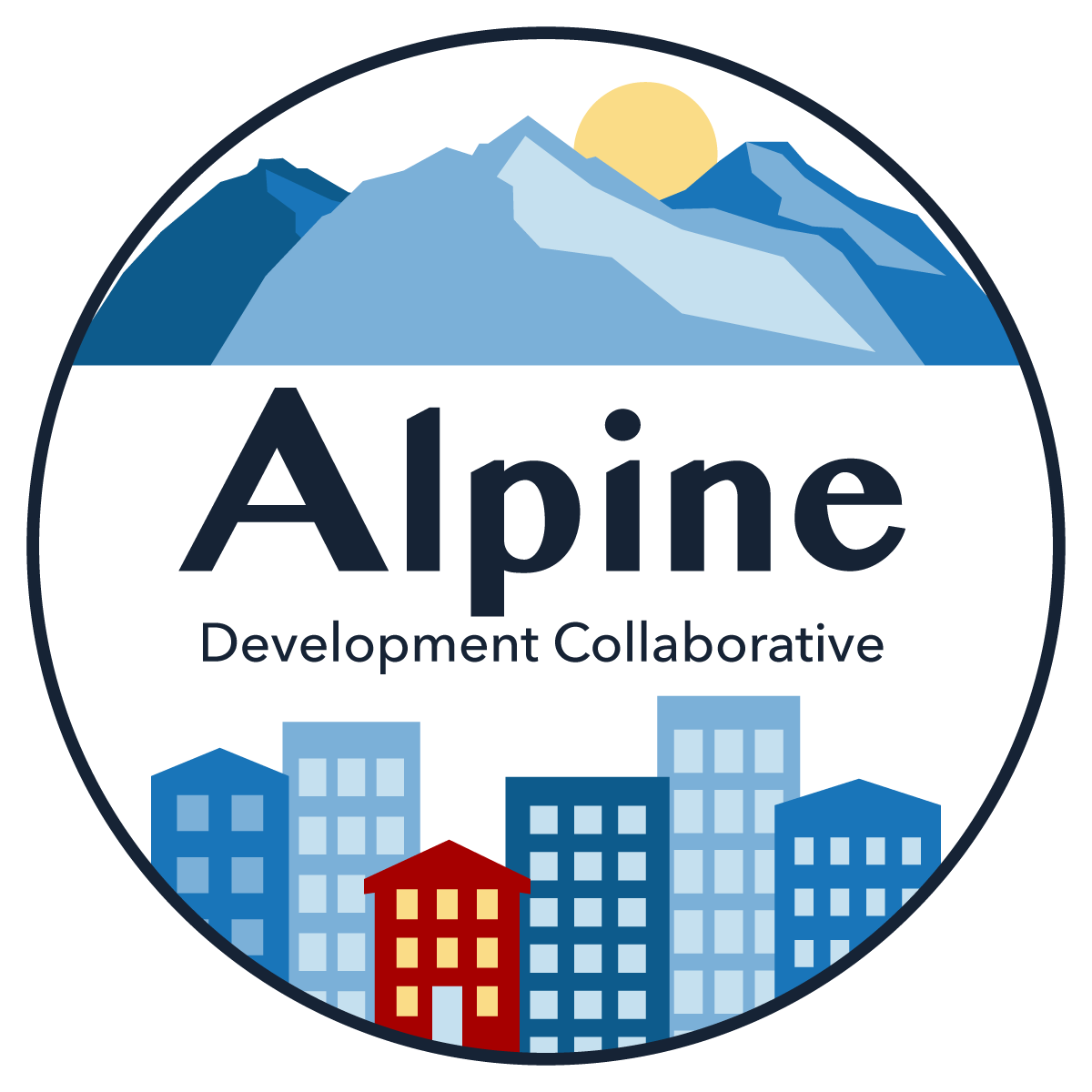 Image of a logo for Alpine Development Collaborative in shades of blue, with dark red and light gold details. The top half features the sun rising over a silhouette of the Three Sisters mountains. The lower half depicts a cityscape with apartments.