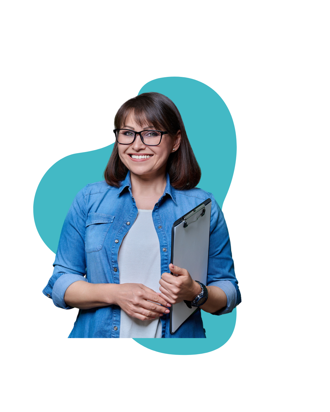 Smiling woman with glasses wearing a denim shirt and holding a clipboard, standing against a digital graphic background.