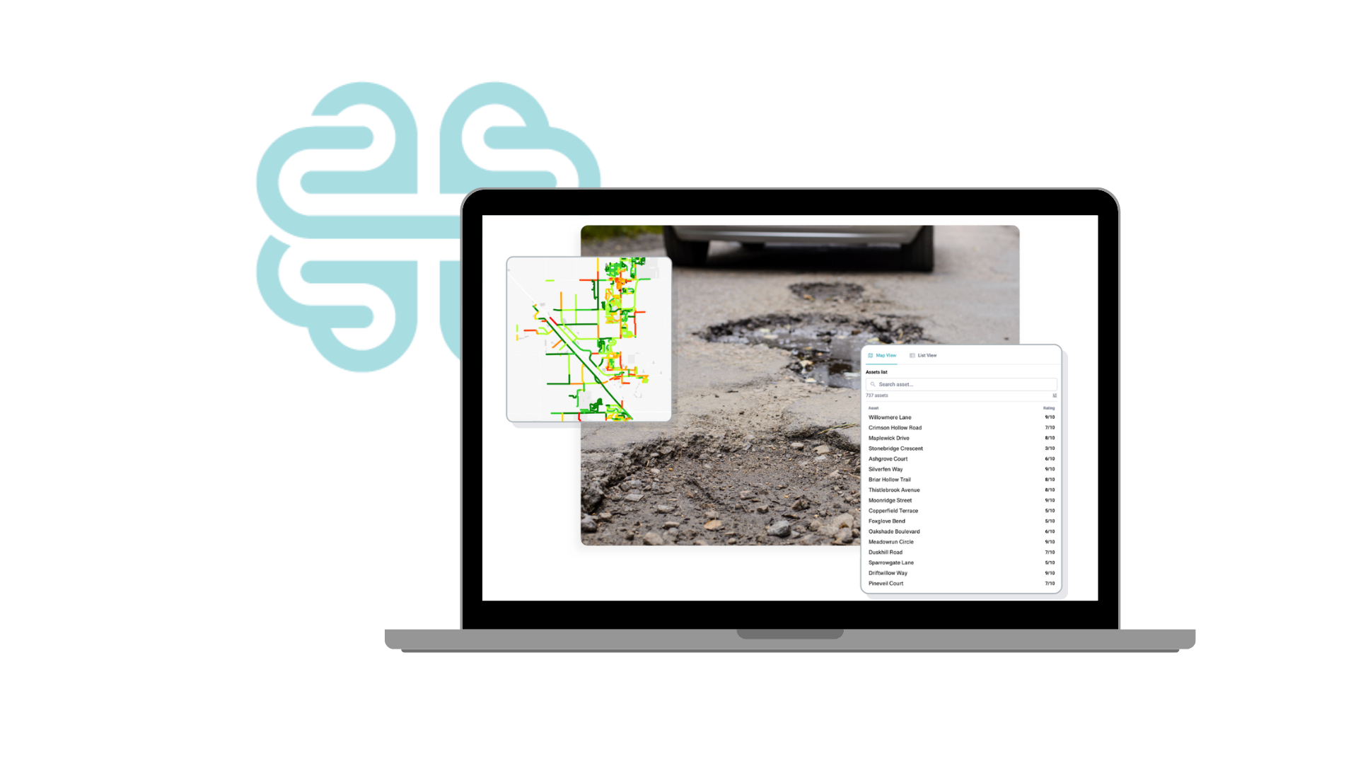 Digital illustration of a laptop displaying infrastructure asset data, including a map view and a list of roads, with a 3D cloud icon in the background.