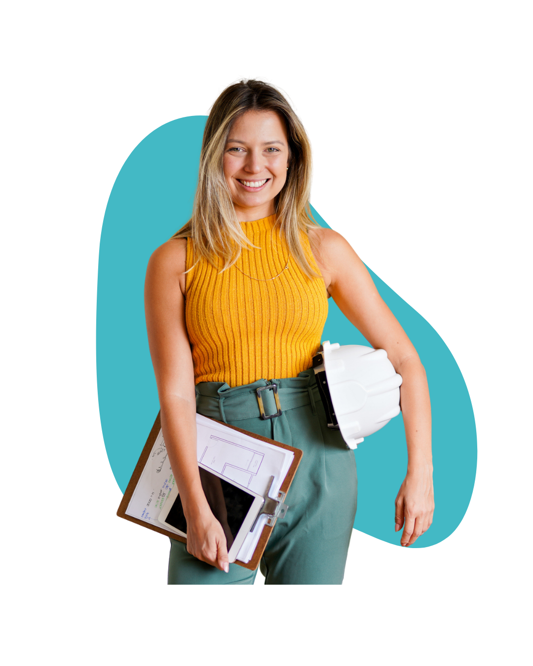 Young woman in a yellow sleeveless top holding architectural plans, a tablet, and a white safety helmet, standing against a teal background.