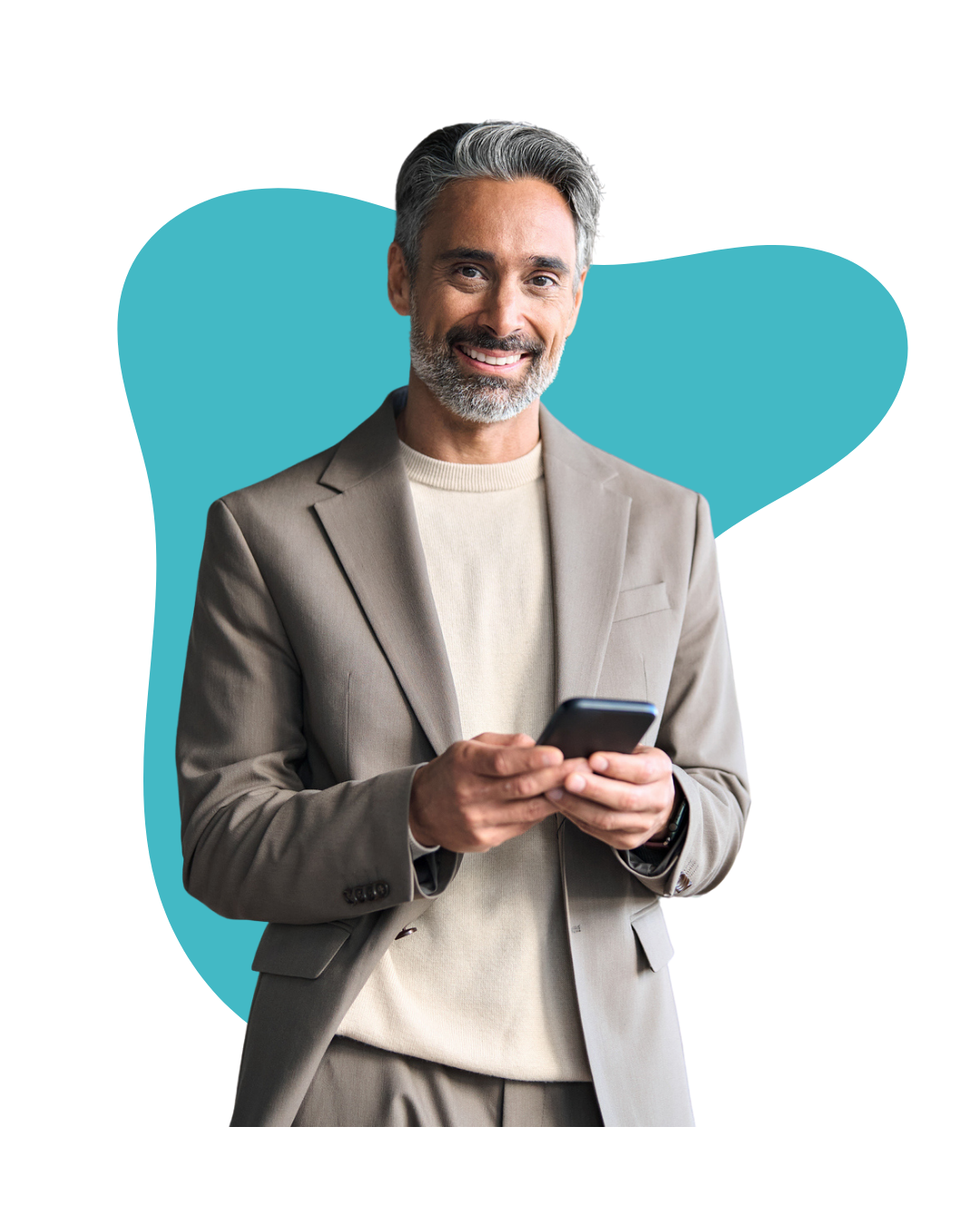Smiling middle-aged man with gray hair and beard wearing a beige suit and holding a smartphone.