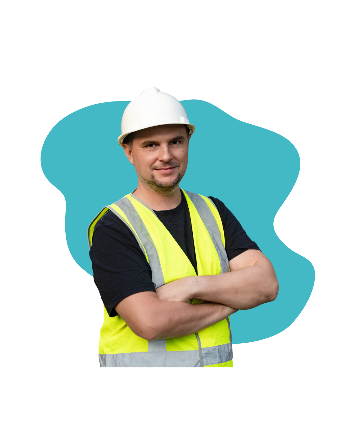 A man wearing a white construction helmet and a high-visibility safety vest standing with his arms crossed, smiling.