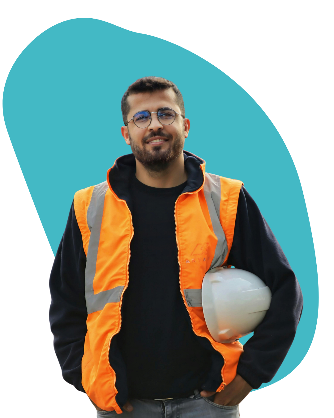 A male construction worker wearing glasses, an orange safety vest, and holding a white safety helmet, standing against a blue background.