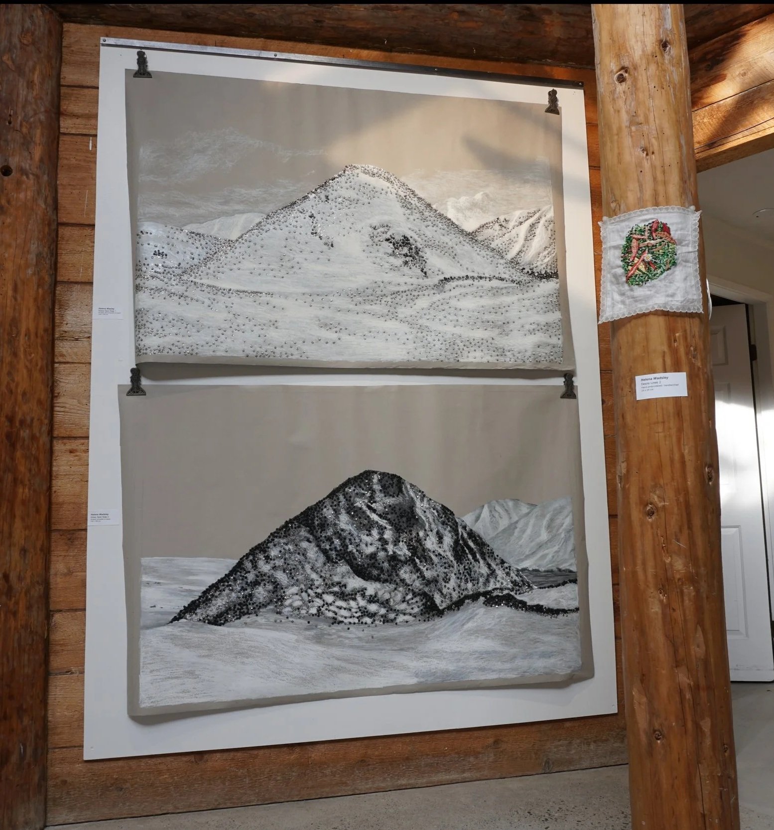 Hrisey Spoil Heap 1 and 2, oil stick and metal snaps on paper, each 100x150cm