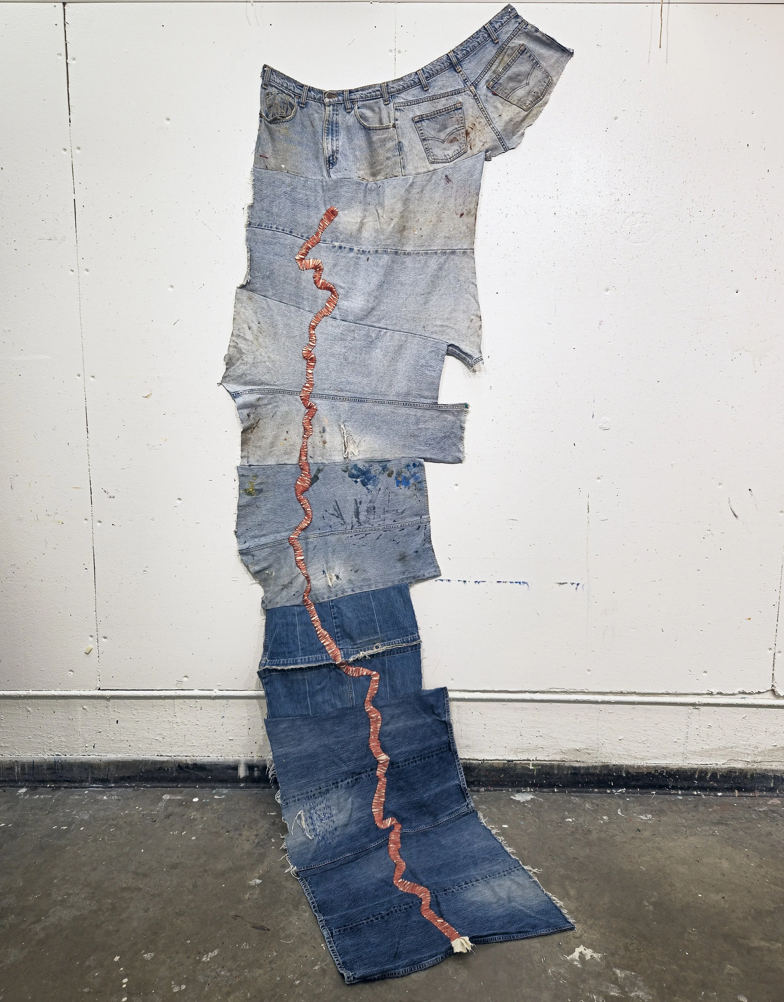 McNair Creek, denim, silk yarn, 244 x 81 cm