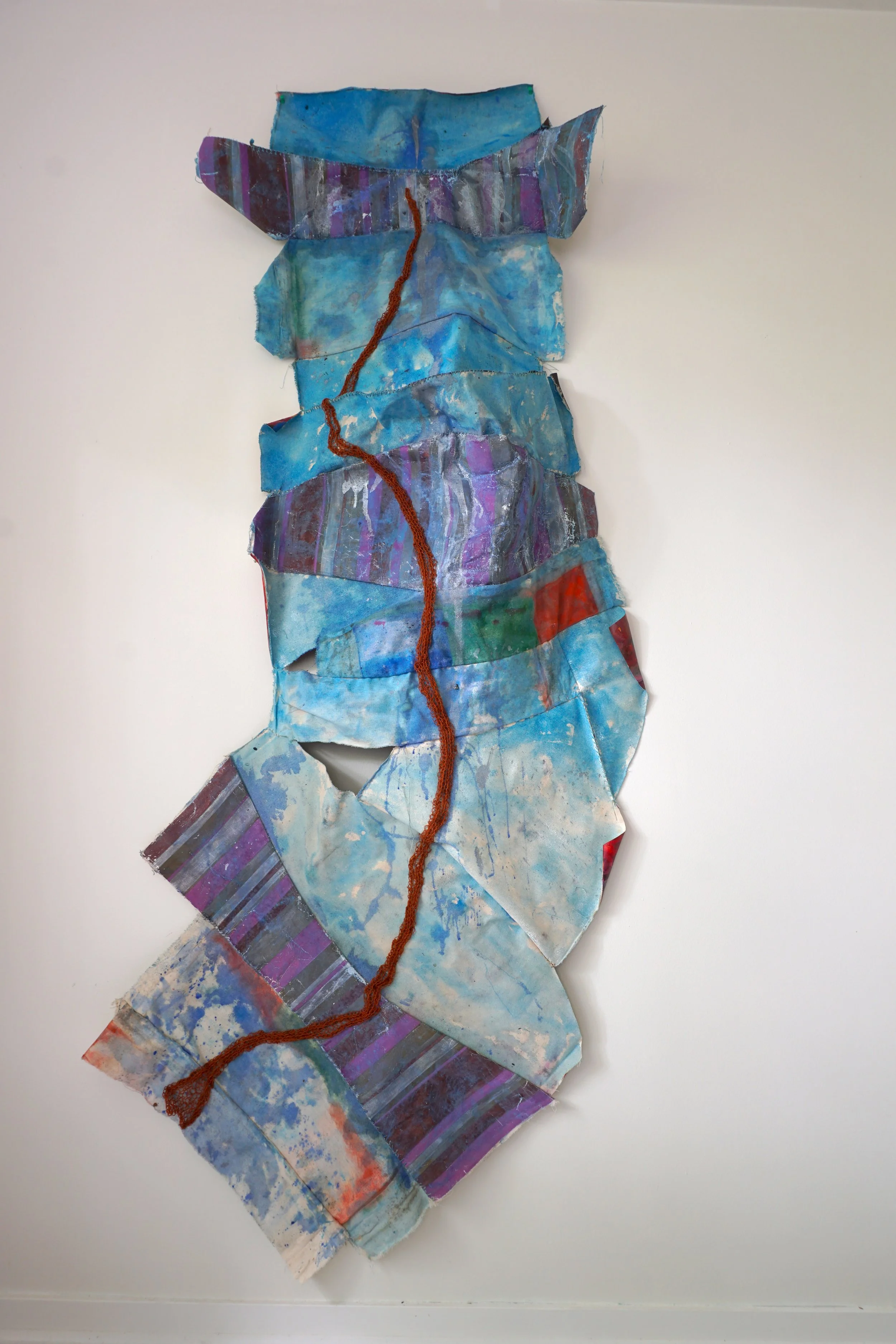Langdale Creek, canvas scraps, yarn, pigment, 203 x 81 cm