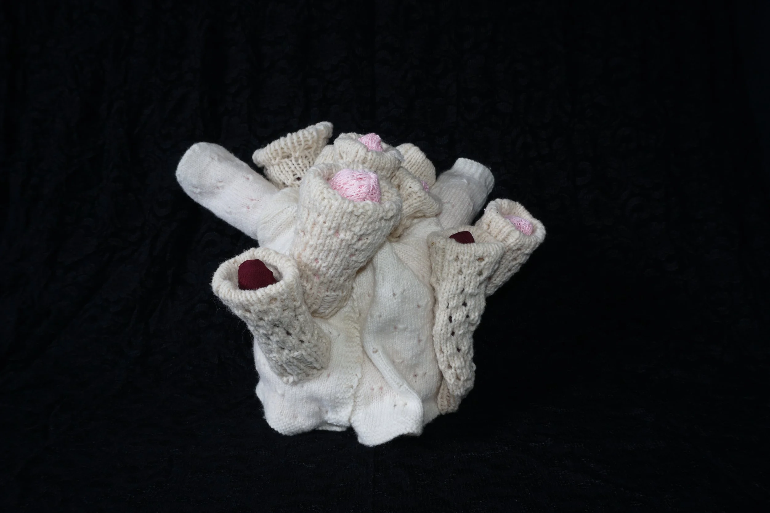Coral, found doll's garment with added knitting, 28x31x17cm