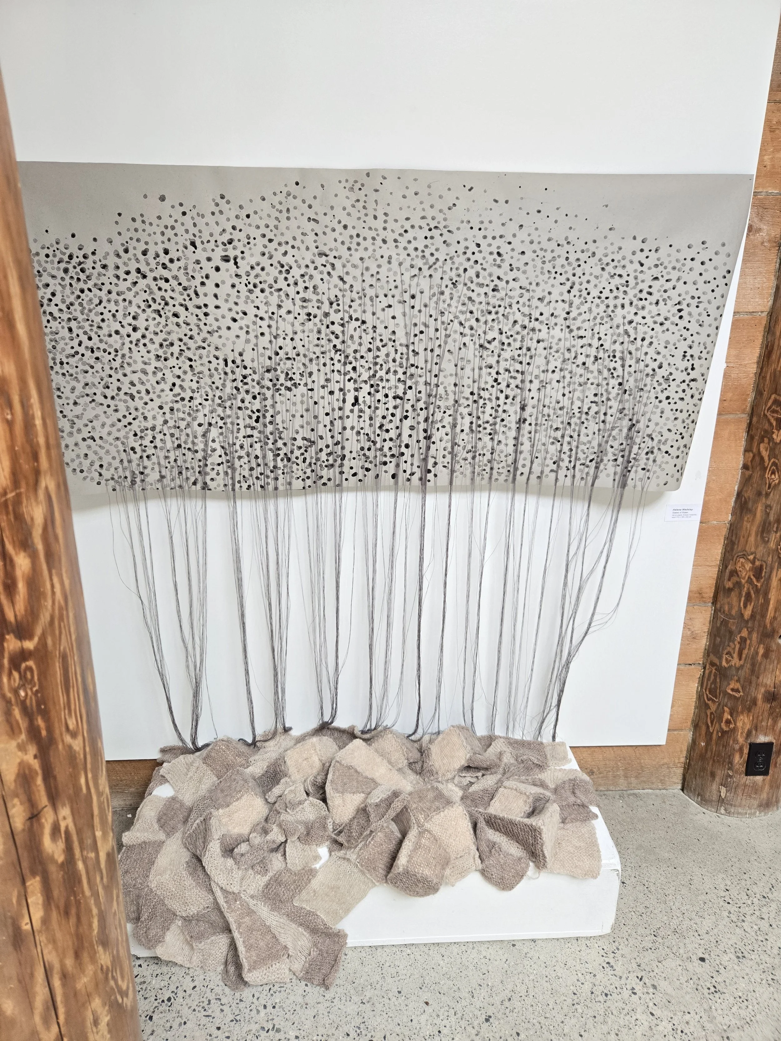 States of Water, ink and thread on paper, knitted wool, 179x180x50cm