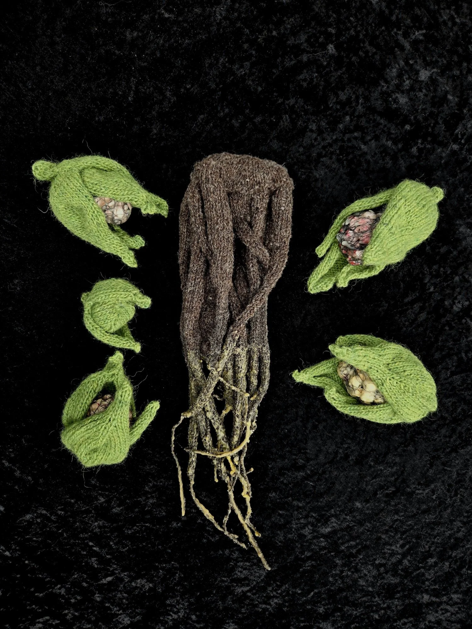 Angelica Archangelica, knitted wool, beads, wax, thread