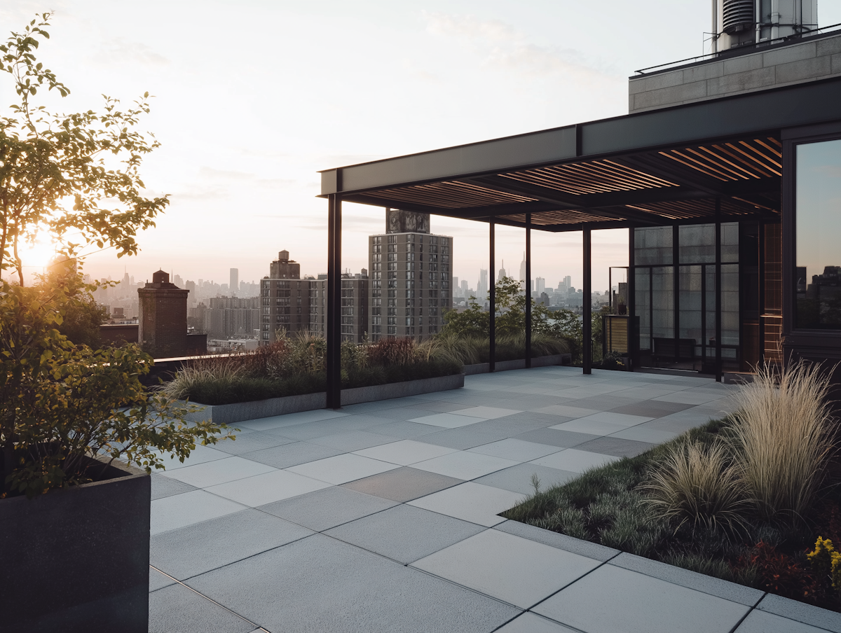 Modern rooftop terrace with sleek tiles, lush planters, and a pergola overlooking a stunning cityscape at sunset.