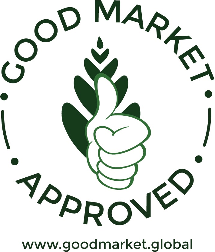 A logo featuring a green thumbs-up hand with leaves behind it, surrounded by the text 'Good Market Approved' and the website 'www.goodmarket.global'.